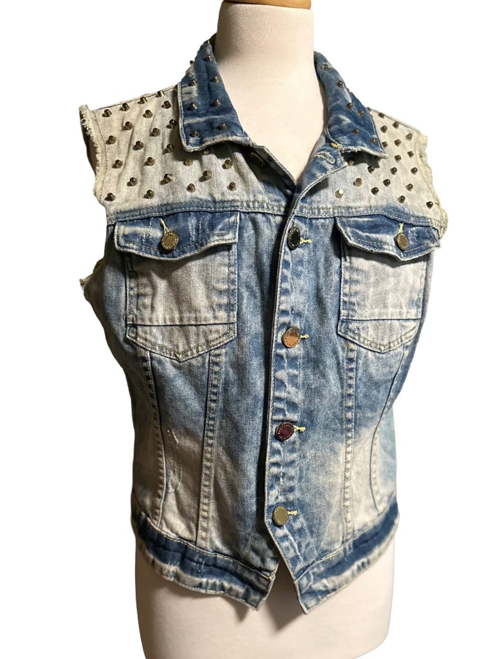 Romeo & Juliet Couture Studded Distressed Denim Vest L Punk Festival